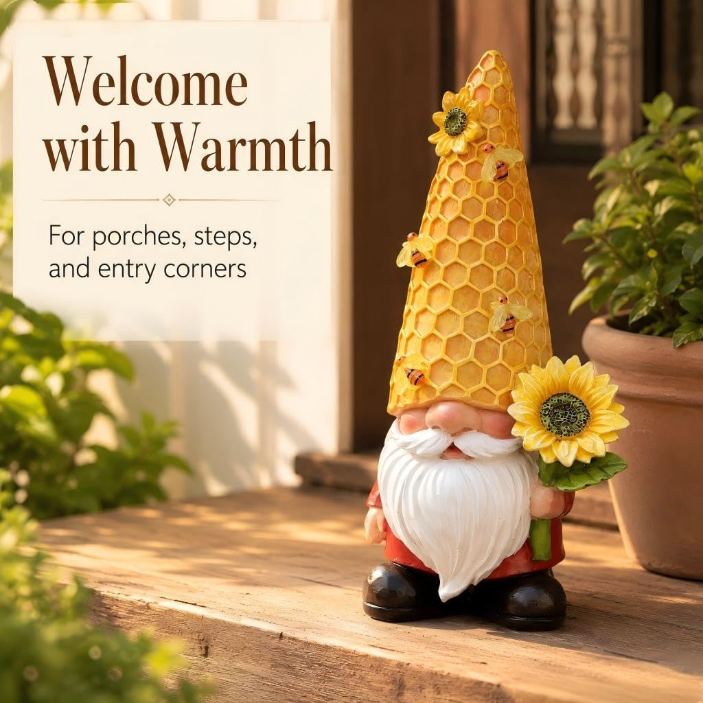 REYISO 12.3'' Sunflower Garden Gnomes Statue with Solar Bee Lights