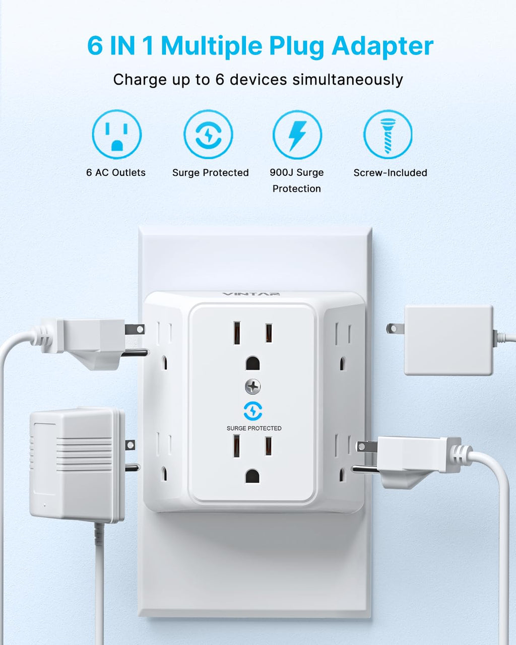 VINTAR 2 Prong to 3 Prong Outlet Adapter, 6 Outlet Widely Spaced Extender, 2 to 3 Prong Adapter, Polarized Plug, 1875W Wall Charger Surge Protector, Mountable Wall Tap for Non Grounded Outlets,3 Pack