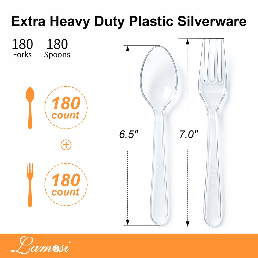 Lamosi 360 Count Extra Heavy Duty Clear Plastic Forks and Spoons, 180 Forks, 180 Spoons, Disposable Plastic Silverware BPA-Free, Heat Resistant for Wedding Party Supplies