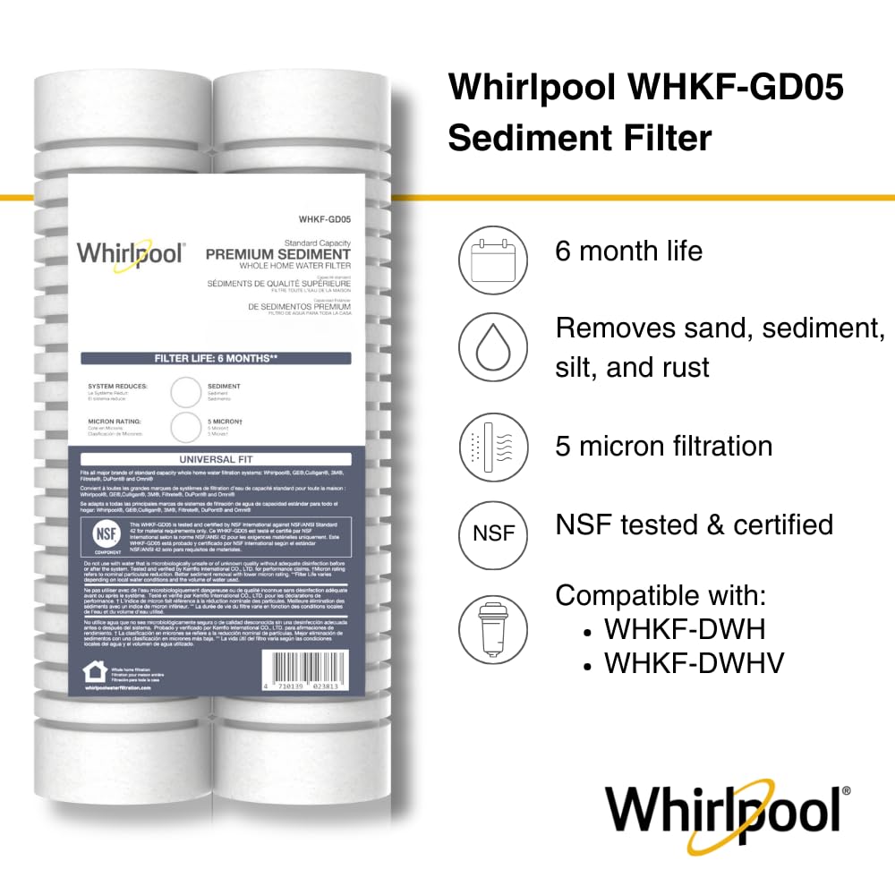 Whirlpool 10" x 2.5" Whole House Sediment Water Filters. WHKF-GD05 Grooved Filter, 5 Micron, NSF Certified Reduces Sand, Soil, Silt & Rust for Standard Filter Housings, 24-Pack