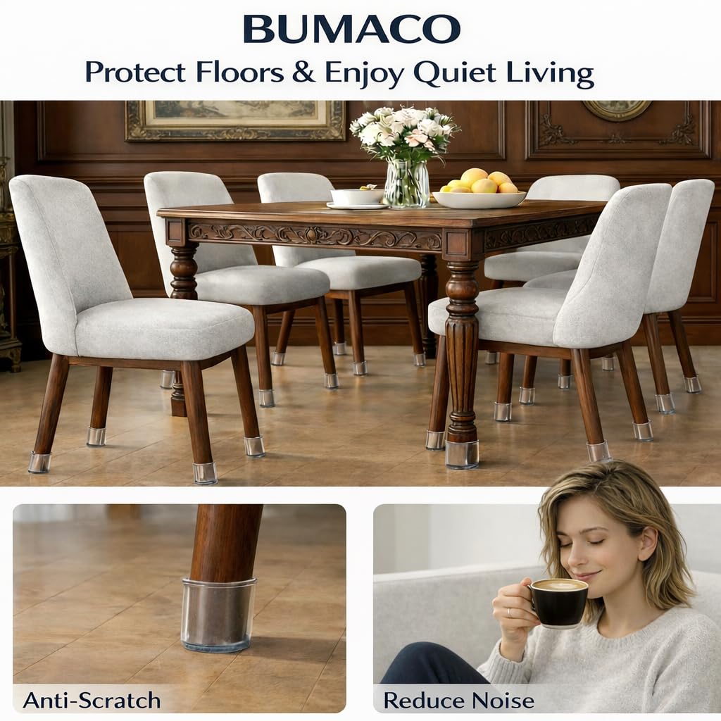 BUMACO 40Pcs Chair Leg Floor Protectors Chair Leg Protectors for Hardwood Floors Silicone Pads Covers to Protect Floors Universal L Clear Fit (1-5/16"~2")