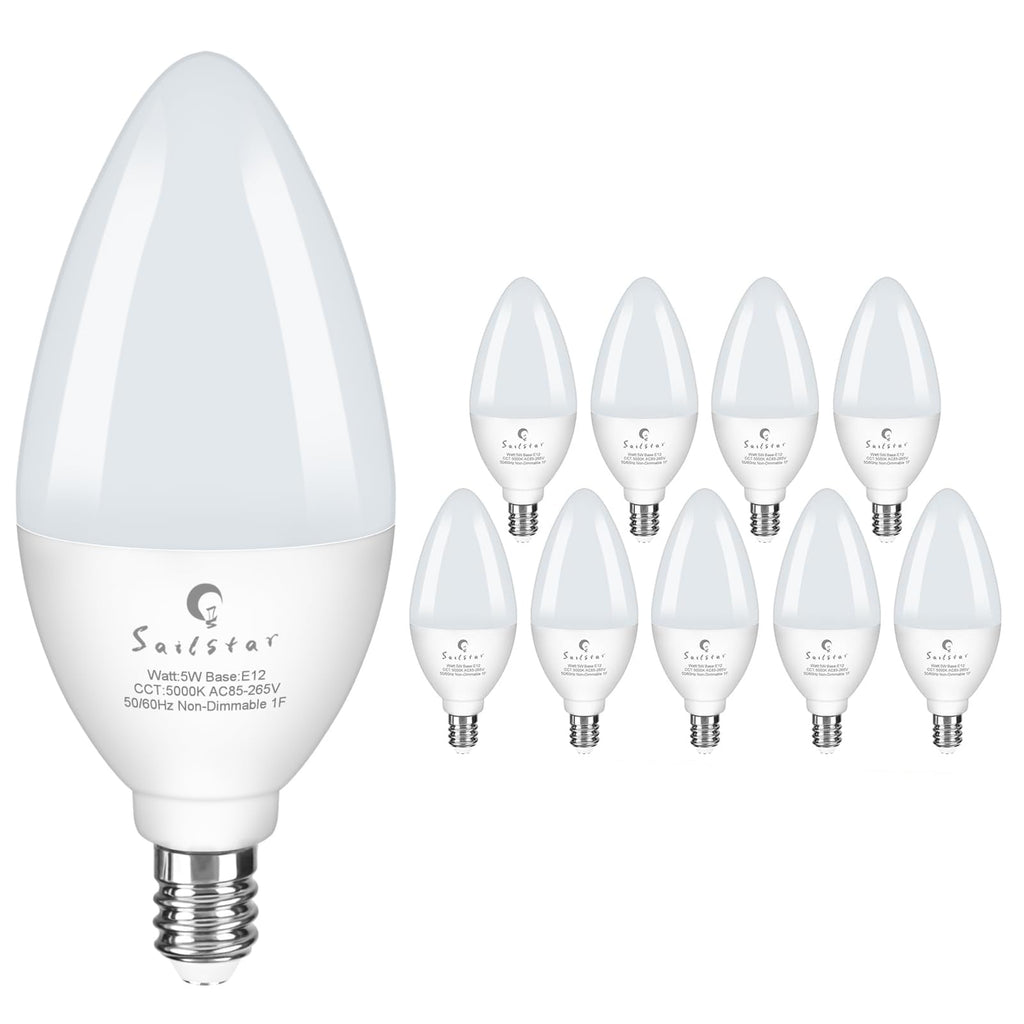 Sailstar Candelabra Light Bulbs 60 Watt Equivalent, 4000K Natural Daylight, 5W E12 Small Base Type B LED Bulbs, 500 Lumens, Chandelier Ceiling Fan Light Bulbs, CRI 85, Non-dimmable, Pack of 10