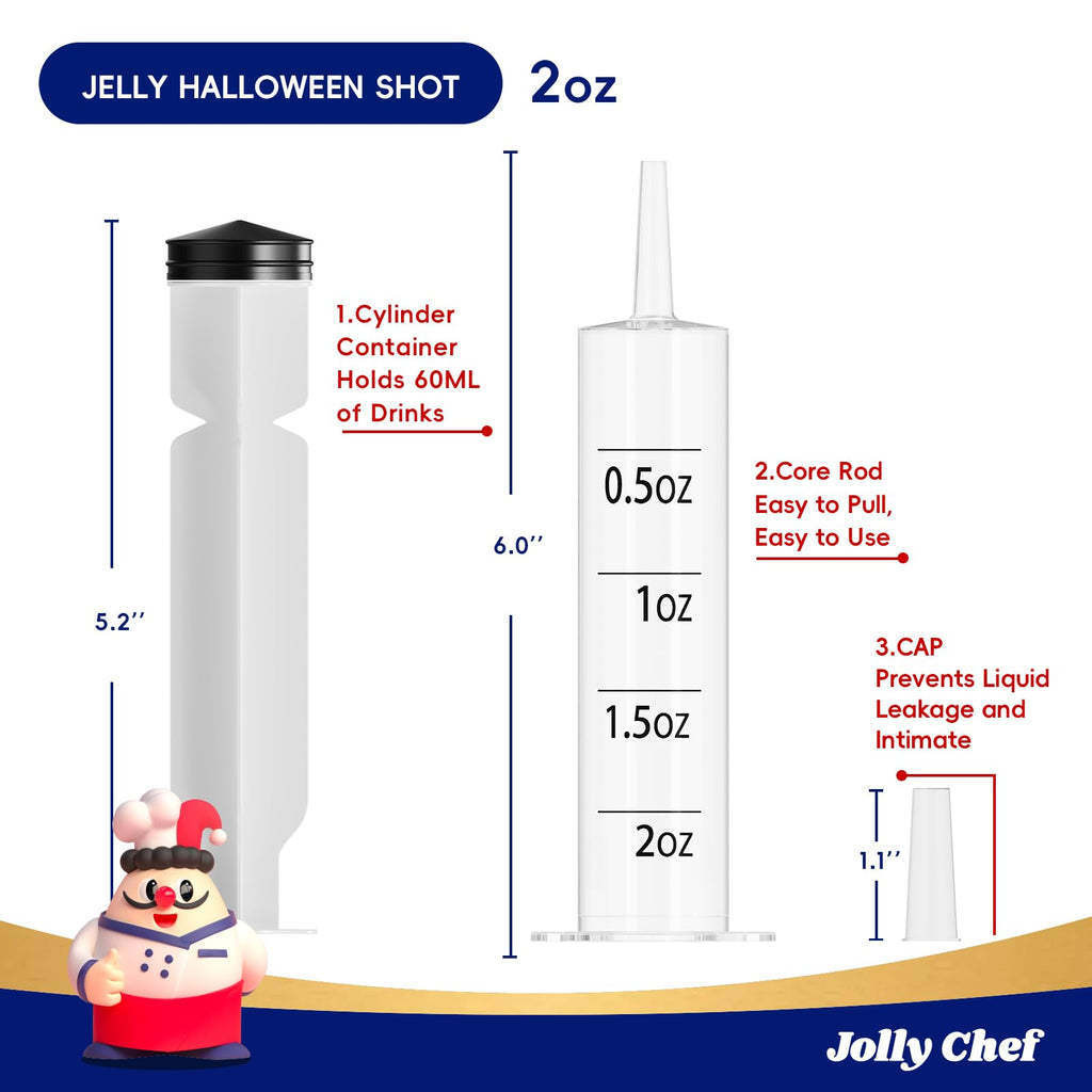 JOLLY CHEF 60 Pack Jelly Shot Syringes with Lids 2 oz Containers