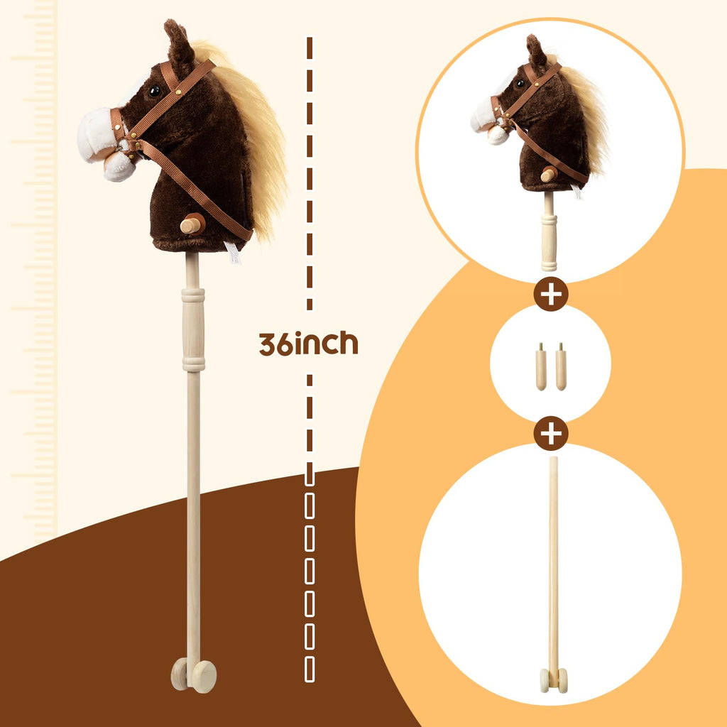 HollyHOME Stick Horse Plush Handcrafted Hobby Horse on a Stick with Wood Wheels Real Pony Neighing and Galloping Sounds for Kids Toddlers Chocolate 36 Inches(AA Batteries Required)