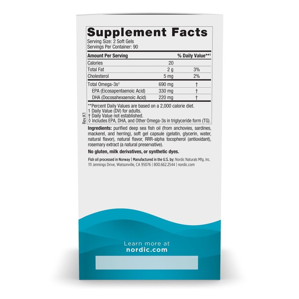 Nordic Naturals Omega-3, Lemon Flavor - 180 Soft Gels - 690 mg Omega-3 - Fish Oil - EPA & DHA - Immune Support, Brain & Heart Health, Optimal Wellness - Non-GMO - 90 Servings