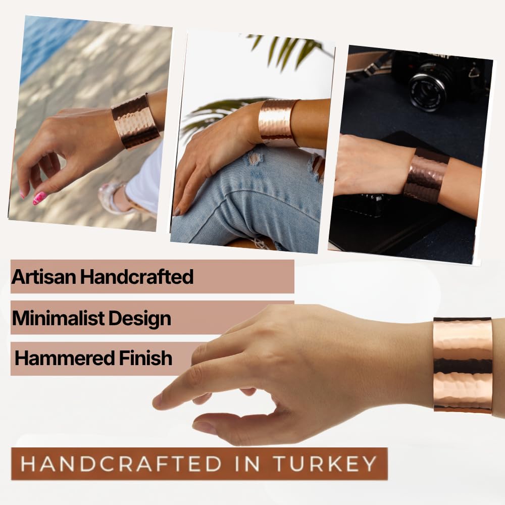 DEMMEX Copper Bracelet for Women – 100% Pure Hammered Turkish Copper Cuff, 1.5mm Thick High-Gauge, Handmade, Uncoated & Non-Magnetic, Large 1.6" Wide, Adjustable, in Wooden Gift Box