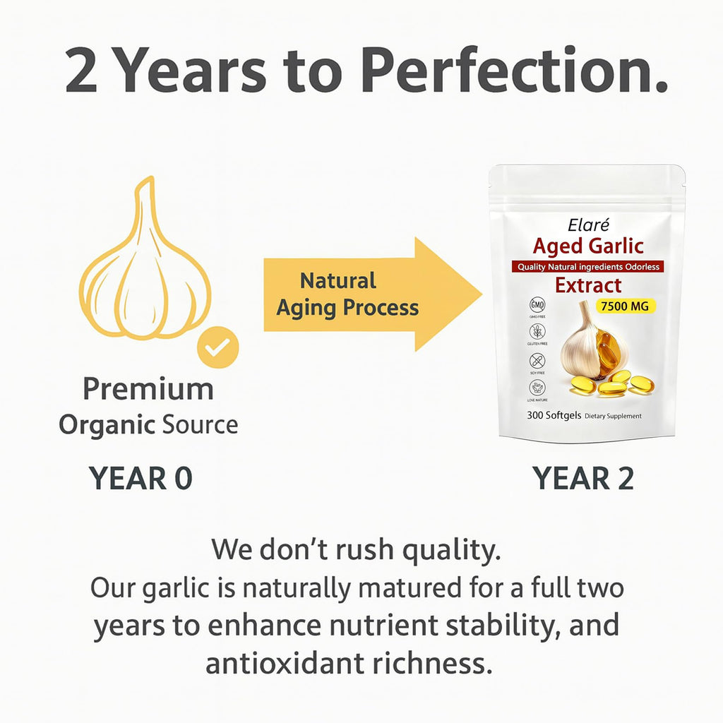 Elare Aged Garlic Extract – 300 Count 7500mg Odorless Organic Garlic Supplement for Heart & Immune Support – Non-GMO, All-Natural Softgels, 2-Year Matured for Antioxidant Wellness (2)