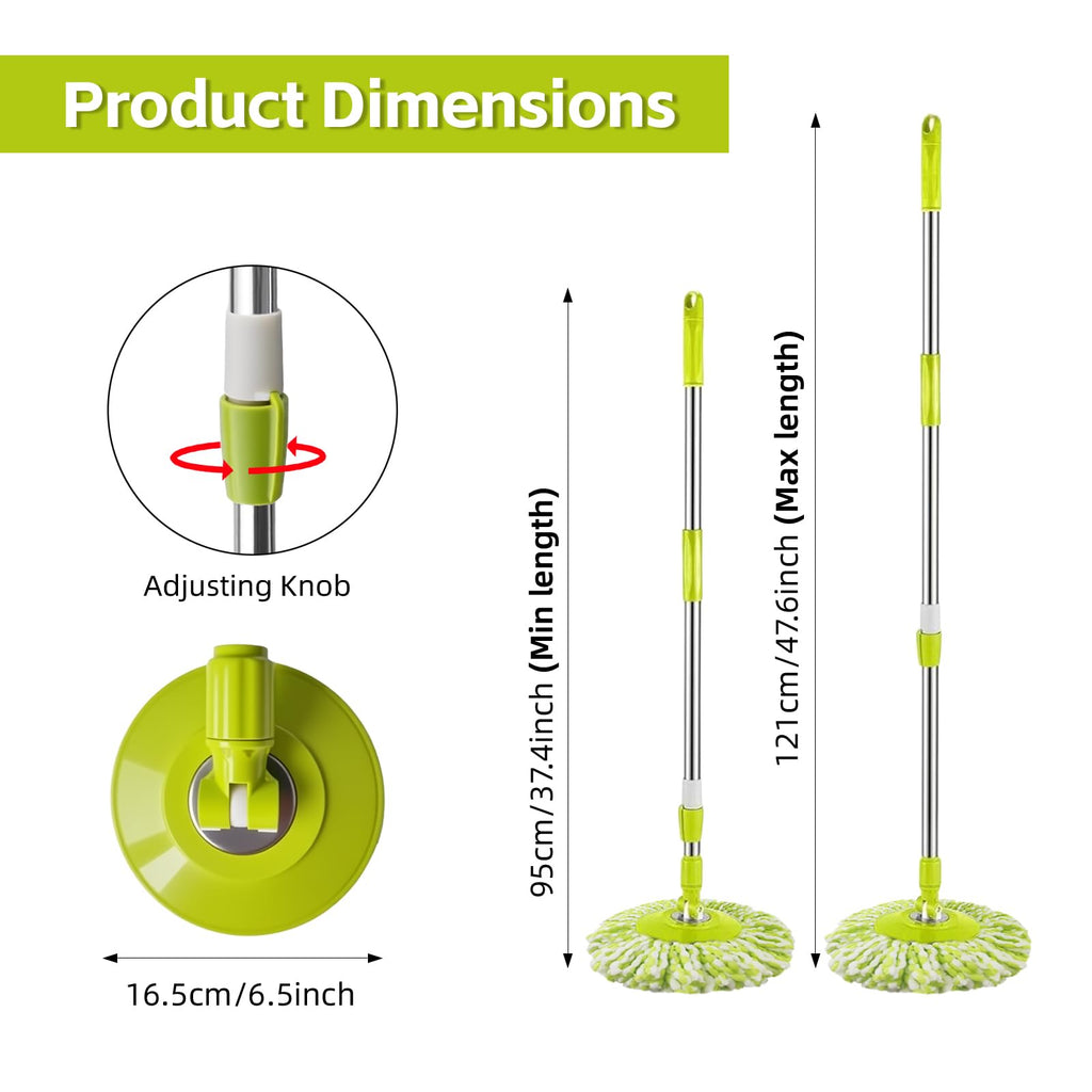 Spin Mop Replacement Handle, 47.6-inch 360 Degrees Rotating Telescopic Replacement Mop Stick with a Robust Stainless Steel Disc for Spin Mop Bucket Cleaning System (Stainless Steel Disc,Green)