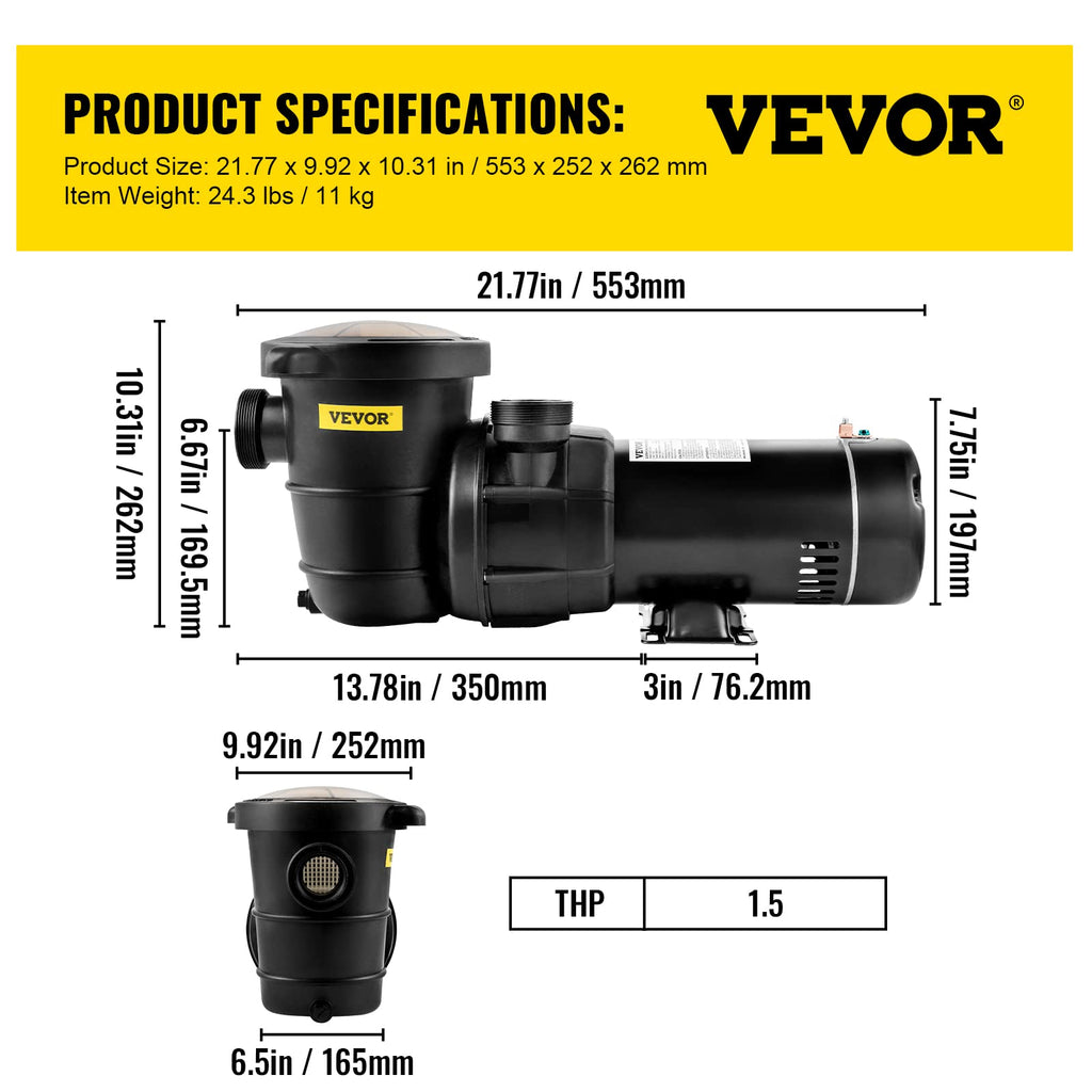 VEVOR Swimming Pool Pump, 1.5 HP 115 V, 1100 W Single Speed Pumps for Above Ground Pool w/Strainer Basket, 5280 GPH Max. Flow, Certification of ETL for Security