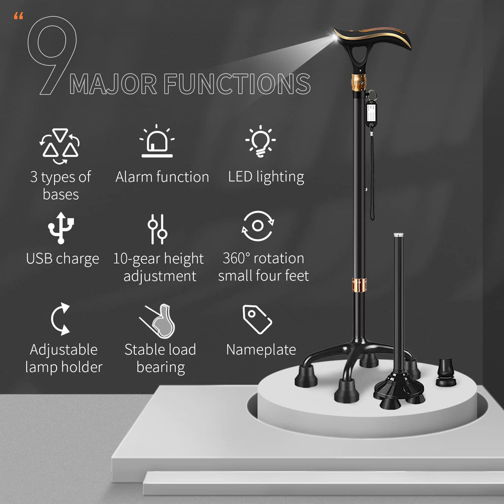 ispuoocti Smart Alarm Walking Cane for Men & Women, Telescopic and Adjustable Walking Sticks for Seniors, USB Direct Charge, with LED Light, One Cane for Three Purposes, Light and Stable (Black)
