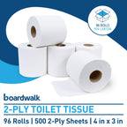 Boardwalk 2-Ply Bathroom Toilet Paper Tissue, Septic Safe, 500 Sheets/Roll, Bulk Quantity 96 Rolls/Carton, 4" x 3", White