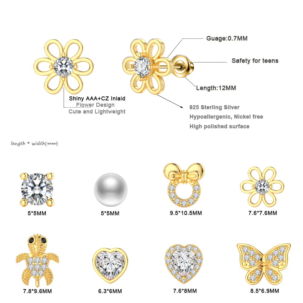 TOPBRIGHT 8 Pairs S925 Sterling Silver Stud Earrings Hypoallergenic Earrings with 18k Gold Plated Heart CZ Tiny Butterfly For Kids, Toddlers, Little Girls, Teens, Women