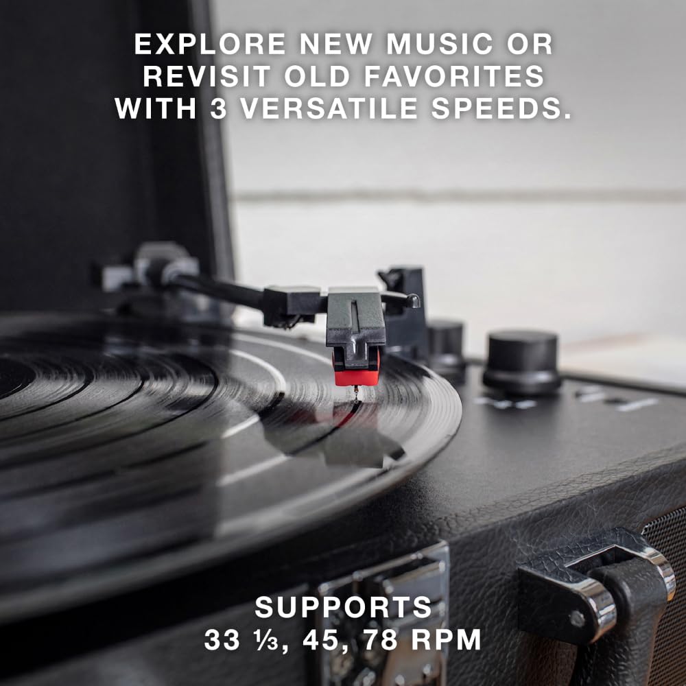 Victrola Journey Bluetooth Portable Suitcase Record Player – with Built-in Speakers, 3 Speed Vinyl Record Player, RCA Out, Headphone Jack (Black)