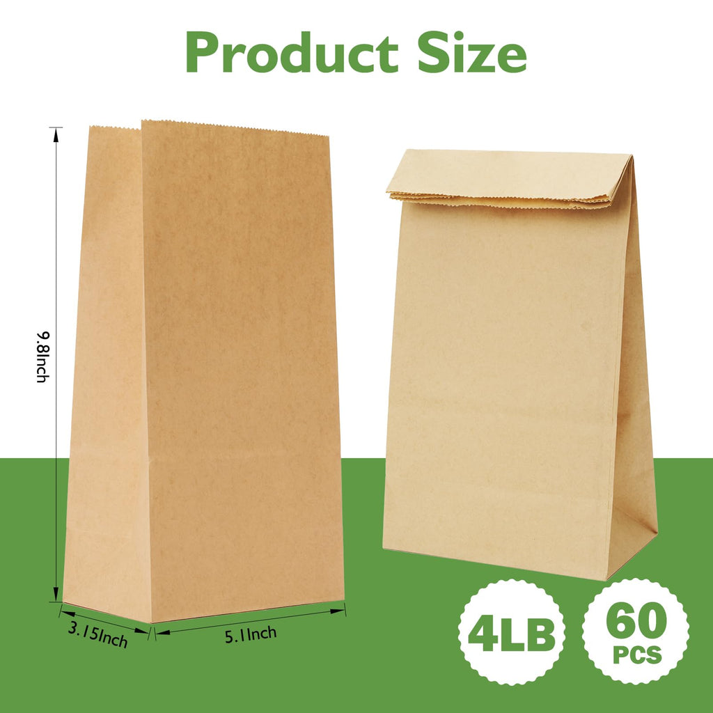 Homrelaxy 60 Pcs 4LB Brown Paper Lunch Bags, Disposable Kraft Paper Bag
