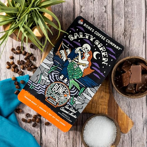 Bones Coffee Company Salty Siren Flavored Coffee Beans, Medium Roast Ground Coffee Low Acid, Caramel Chocolate Flavor (12 oz)