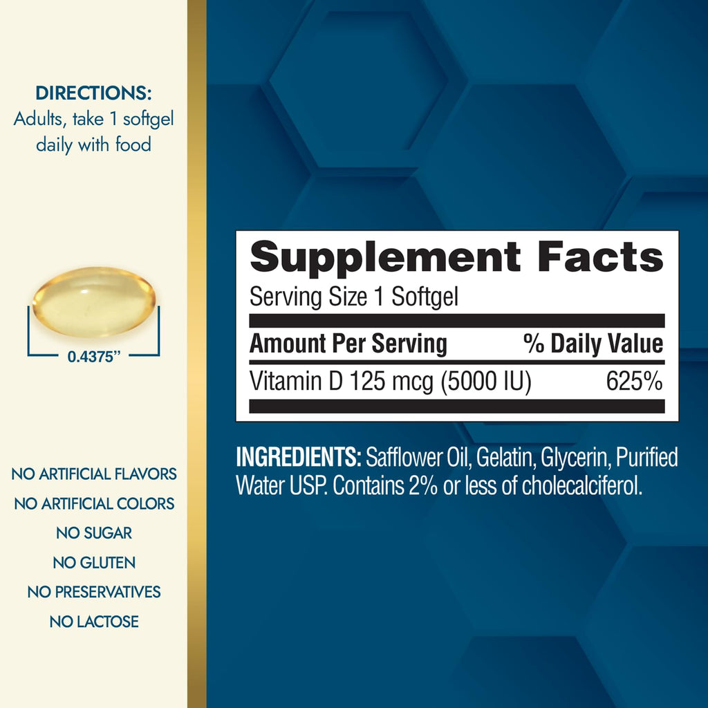 Nature's Wonder Vitamin D3 5000iu (125mcg) High Potency, Dietary Supplement to Support Bone Health and Immune System, Gluten Free, 360 Softgels, 1 Year Supply (Pack of 2)