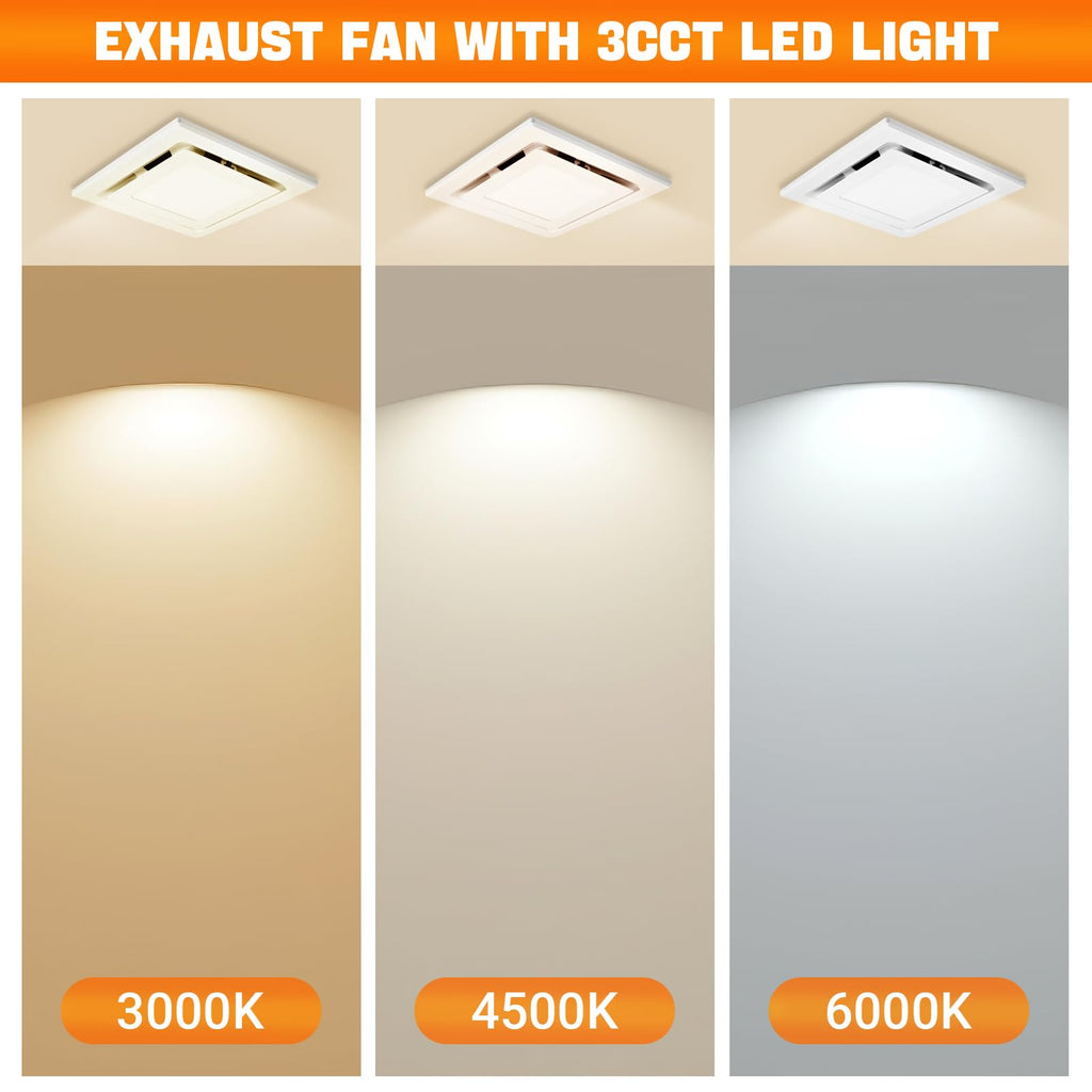 FEITON Square Bathroom Exhaust Fan with LED Light, Adjustable Color Temperature(3000K/4500K/6000K), 110 CFM 30W 4 Inch Duct, 110-220V 1.0 Sones Quiet Bathroom Ventilation Fan Light Combo Ceiling Mount