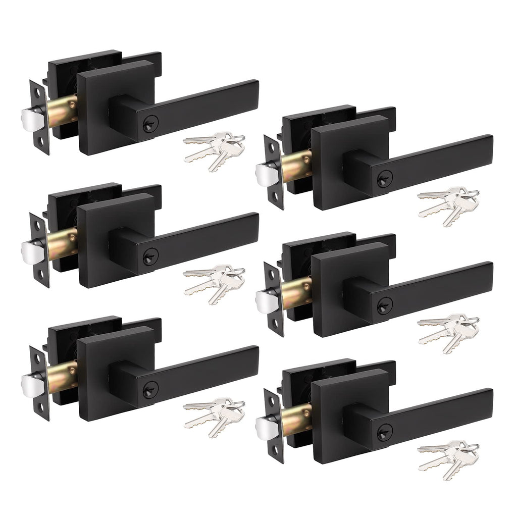 KNOBWELL 6 Pack Entry Door Leverset Matte Black, Exterior Door Handles for Front/Gate Doors, Right/Left Door Handles with Key and Lock(Not Same Key)