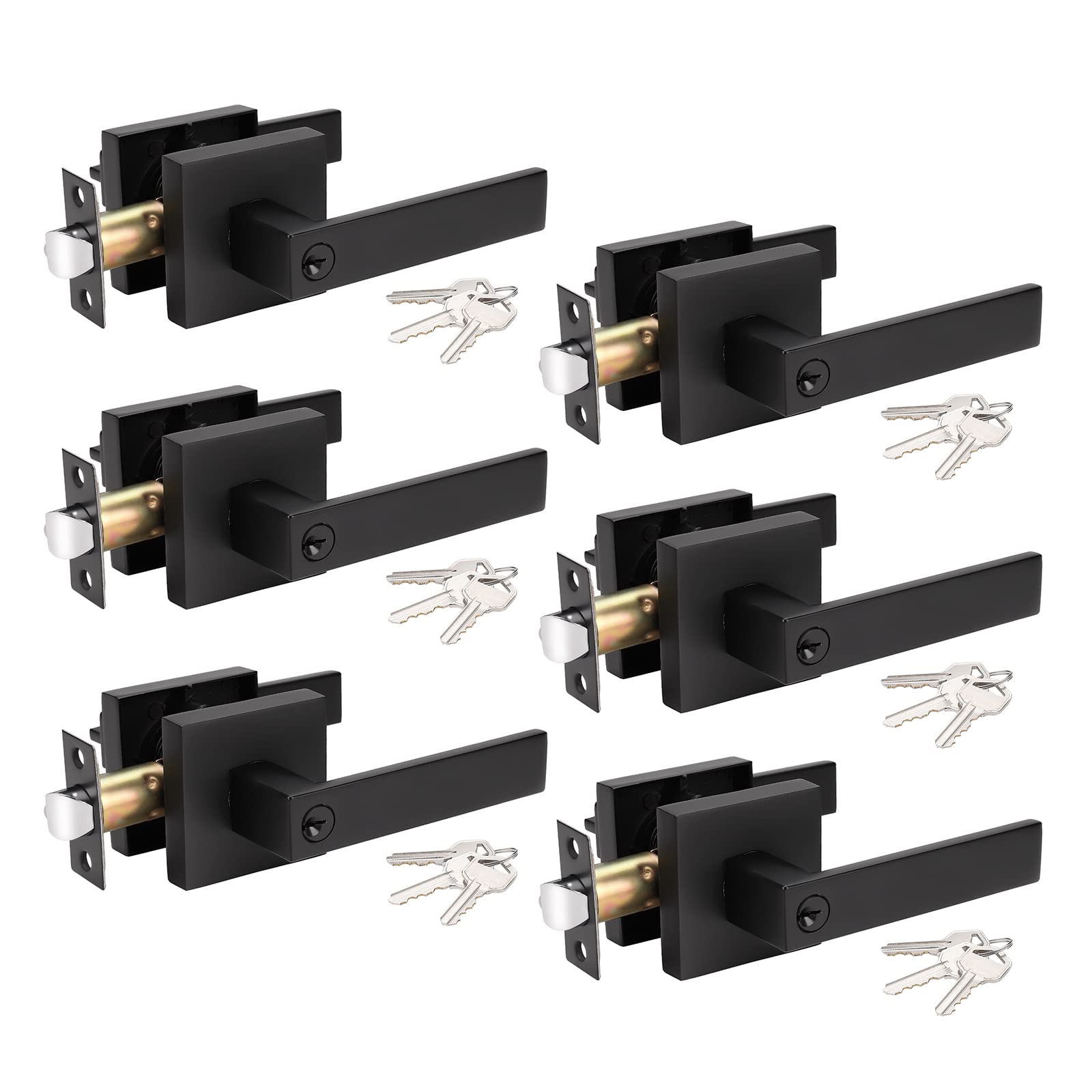 KNOBWELL 6 Pack Entry Door Leverset Matte Black, Exterior Door Handles for Front/Gate Doors, Right/Left Door Handles with Key and Lock(Not Same Key)