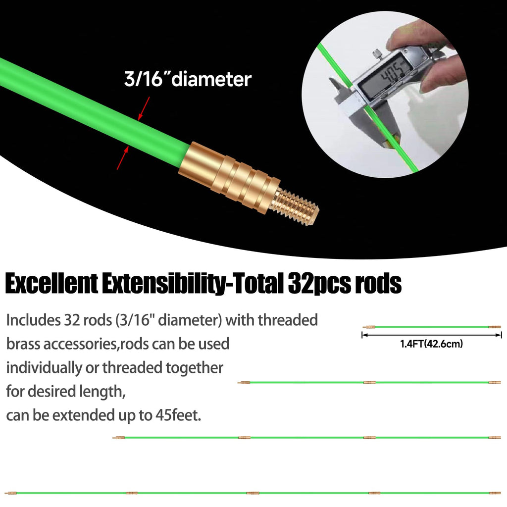 FTIHTRY 45FT Fiberglass Running Electrical Wire Cable Glow Rods Wire Pulling, Fish Rods Electrical Kit with 8 Different Attachments and Fish Tape Wire Puller Kit