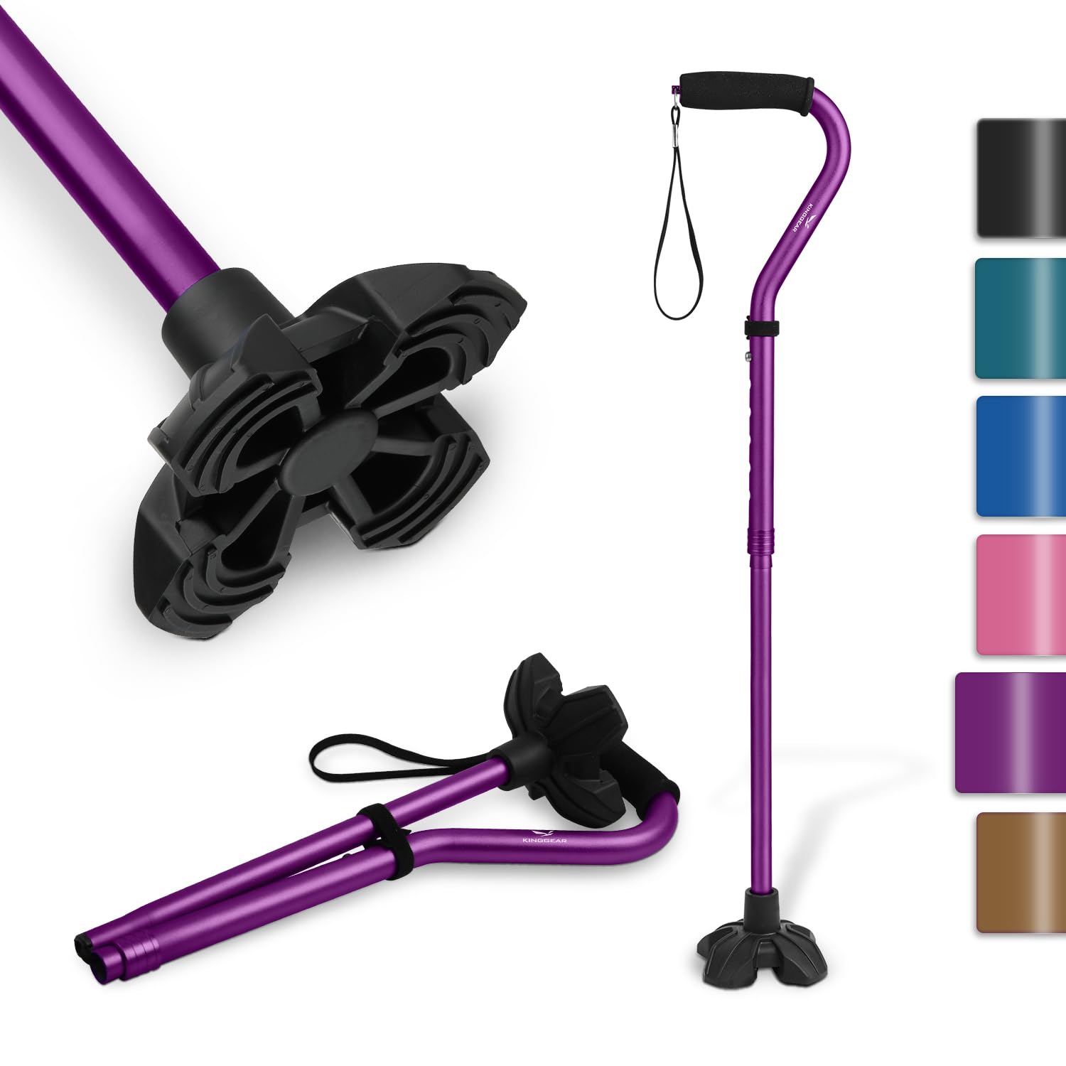 KINGGEAR F1 Walking Stick, Walking Cane for Women & Men, Self Standing Walkers for Seniors with Wrist Strap, Lightweight & Sturdy Offset EVA Handle and Large Quad Base