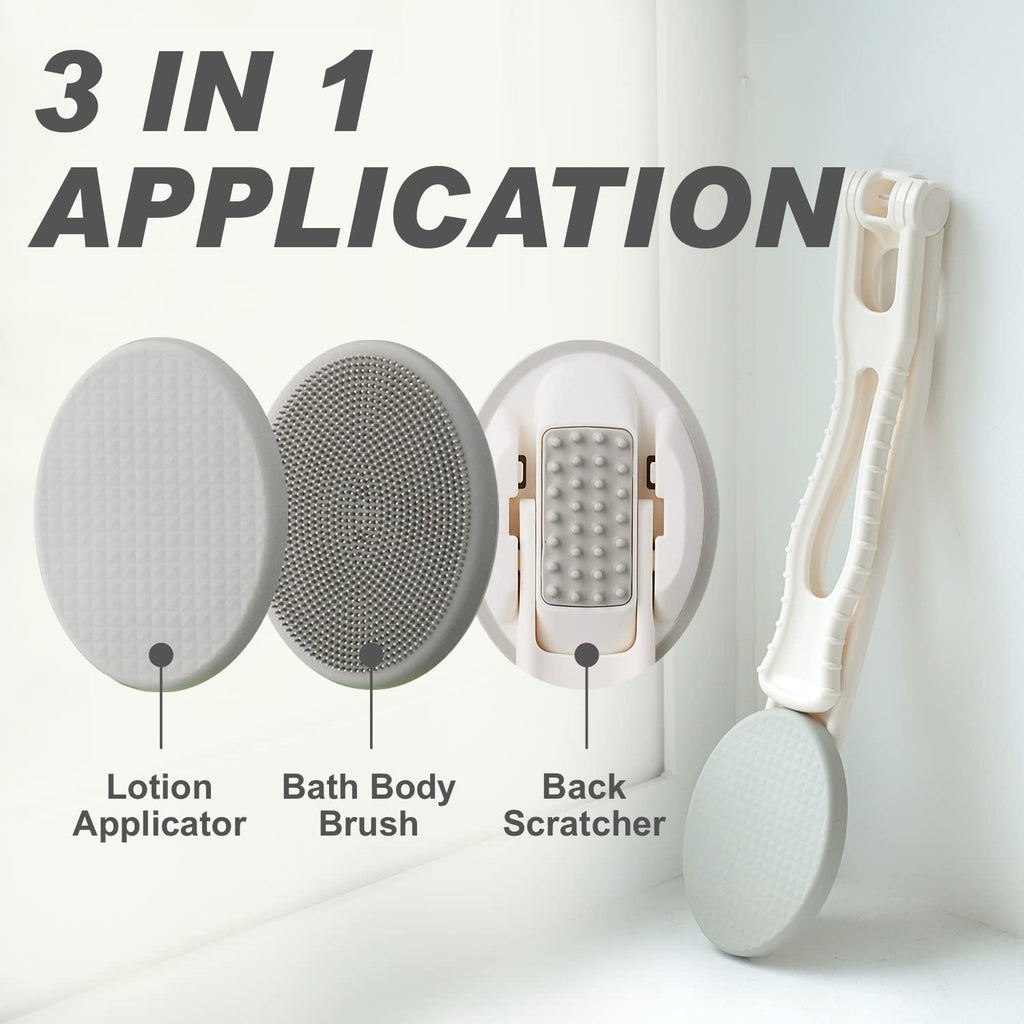 DOWMI Lotion Applicator for Back - 3in1 Foldable, Cream, Sunscreen, Ointment Applicator, 19" Long Handle, Body Massage Tool - 1 Body Brush Pad, 1 Lotion Pad Included