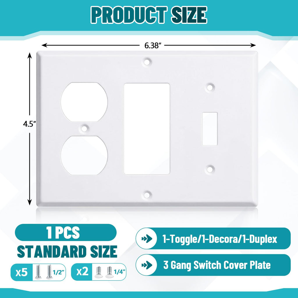 Kingdder 1 Pcs 3-gang 1-toggle 1-decorator 1-duplex Wall Plate Standard Size Stainless Steel White Light Switch Plate Gloss Finish 4.50" x 6.38" Corrosion-resistant Gfci Outlet Receptacle