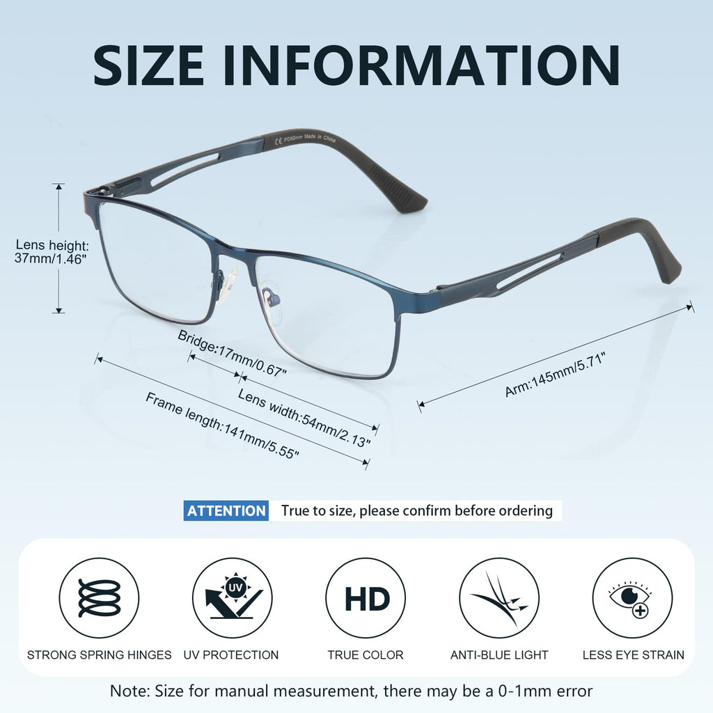 SKYFUEN Unbreakable Progressive Reading Glasses Men Multifocus Metal Full Frame, Blue Light Blocking/UV400 Protection Computer Readers with Durable Flexible Spring Hinges(Gunmetal+Navy Blue, +1.50)