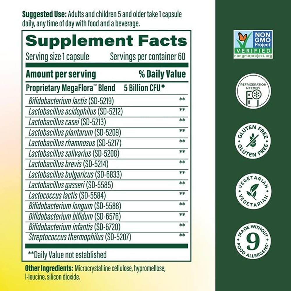 MegaFood MegaFlora Kids Probiotics - 5 Billion CFUs - Non-GMO, Vegetarian, Made Without 9 Food Allergens, Probiotics for Digestive Health- 60 Mini Capsules (60 Servings)