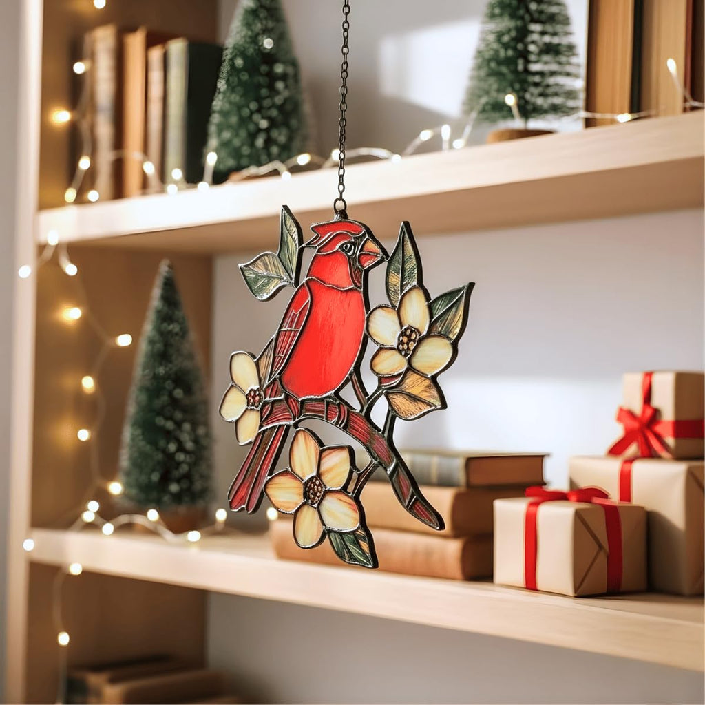 GIKZO Cardinal Resin Suncatcher Size 6 Inches, Boho Stained Glass Effect Memorial Window Hanging Garden Decor, Gift for Mother's Day Mom Grandma Wife Women