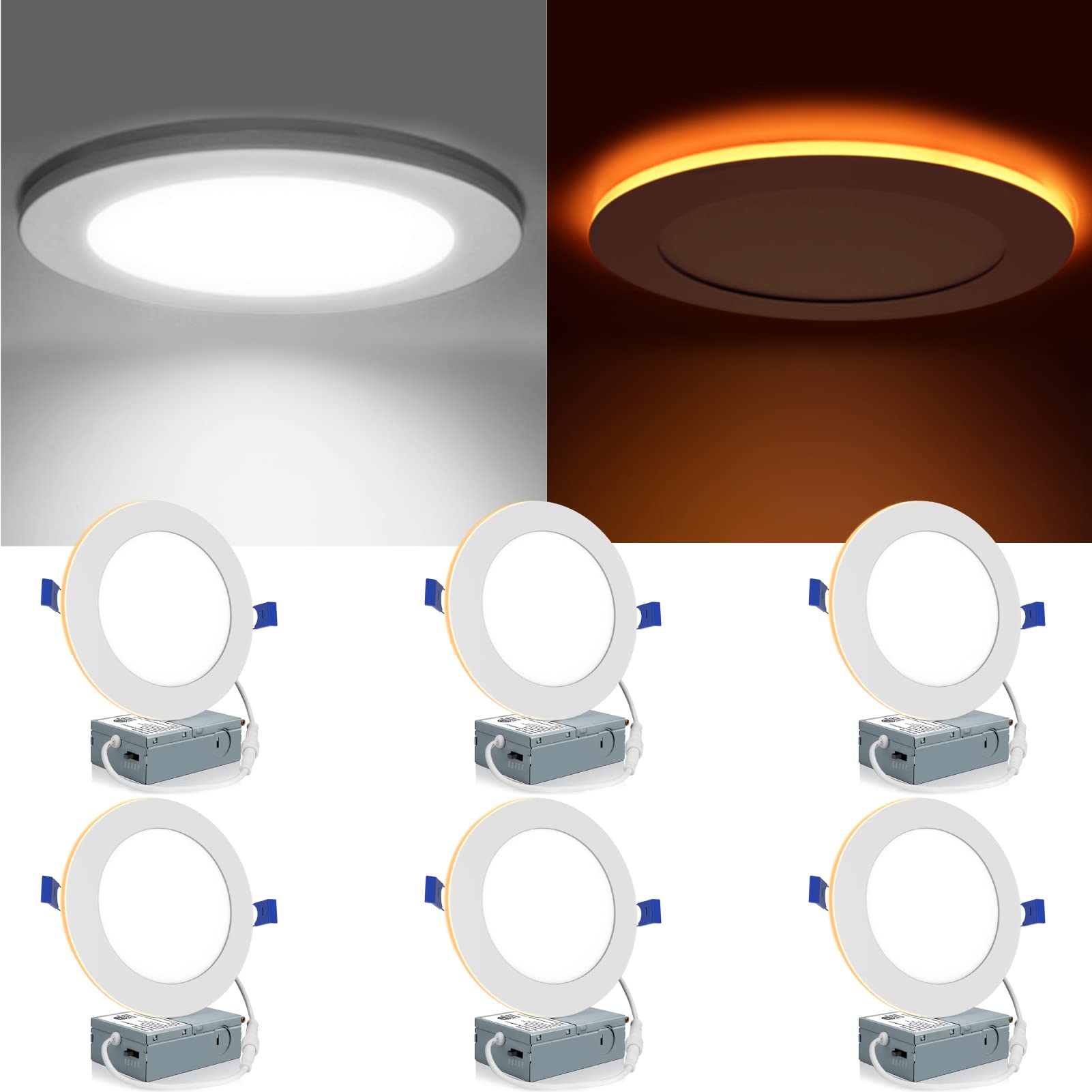 Meconard 6 Pack 6 Inch 5CCT LED Recessed Lighting with Night Light, 2700K/3000K/3500K/4000K/5000K Selectable Ultra-Thin LED Recessed Ceiling Lights, 12W=110W, 1050LM, Dimmable Canless Wafer Downlight