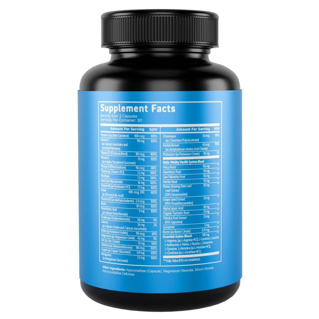 Vital Vitamins Men's Multivitamin Complex - Made with Essential Amino Acids & Maca Root - with Vitamin A, C, E, B6, B12, D3 & Male Performance Blend - Daily Men's Multivitamin - 60 Capsules