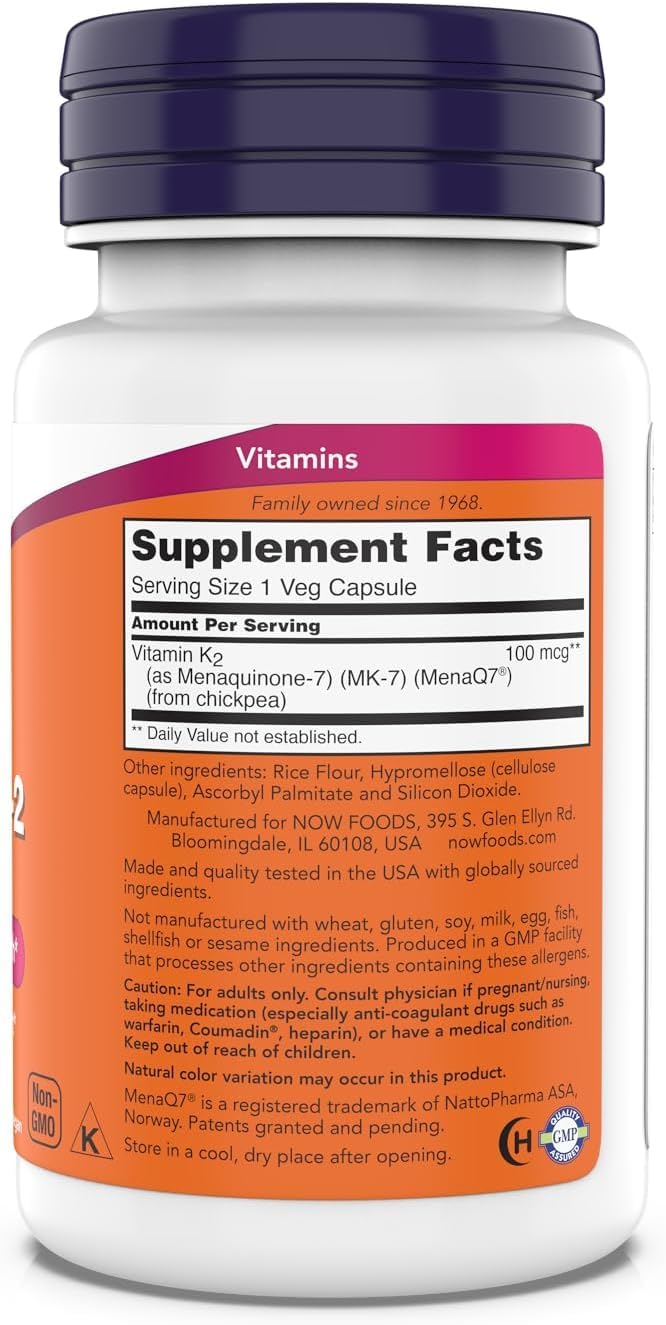 Now Supplements, MK-7 Vitamin K-2 100 mcg, Cardiovascular Support*, Supports Bone Health*, 180 Veg Capsules (Pack of 2)