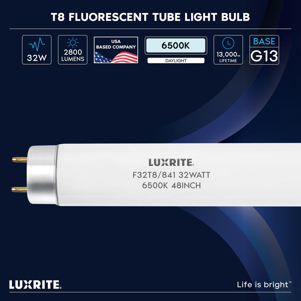 LUXRITE F32T8/865 32W 48 Inch T8 Fluorescent Tube Light Bulb, 6500K Daylight, 2800 Lumens, G13 Medium Bi-Pin Base, LR20735, 6-Pack