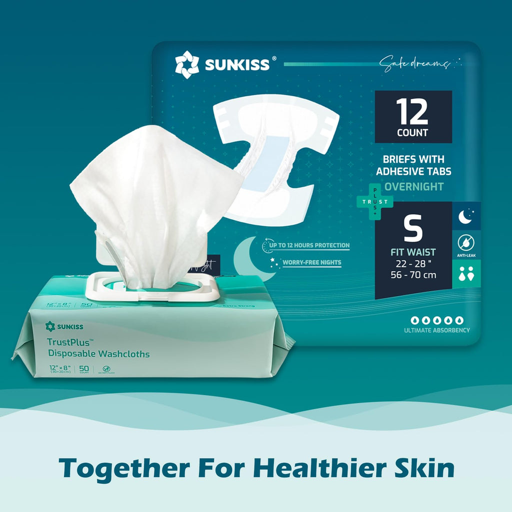 SUNKISS TrustPlus Overnight Adult Diapers with Tabs, Unisex Disposable Incontinence Briefs for Men and Women, Odor Control, Large, 48 Count (4 Packs of 12)