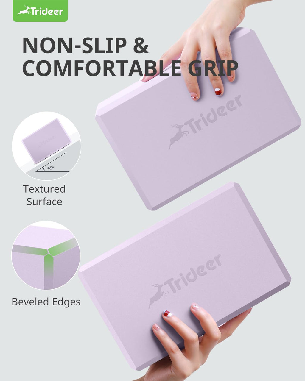 Trideer Yoga Block, Soft Non-Slip Surface Premium Foam Blocks, Supportive, Lightweight, Odor Resistant, Yoga Accessories for Pilates Meditation General Fitness Stretching Toning (Lavender-2 Pack)
