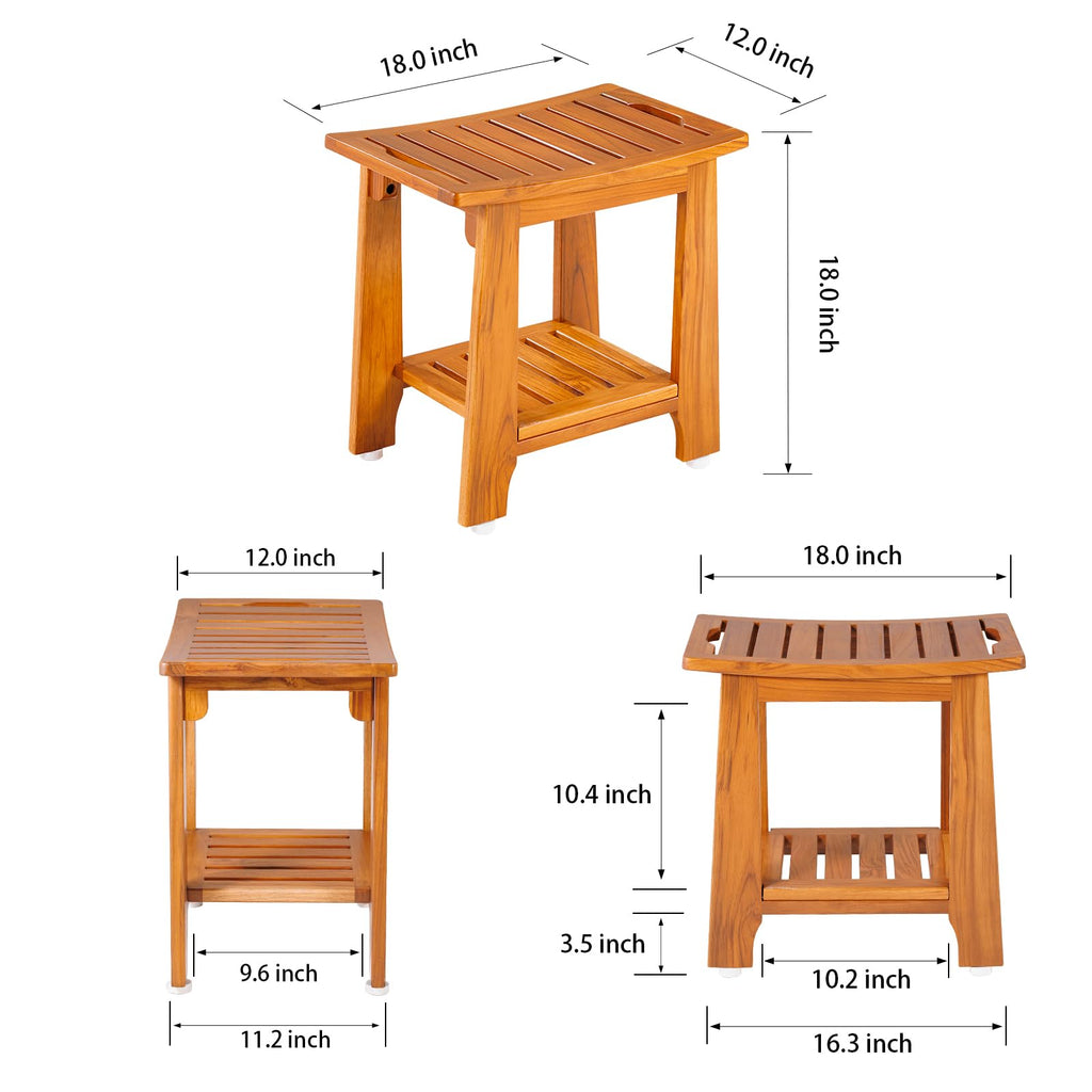 18" Standard Teak Shower Bench with Shelf & Handle - Waterproof, Non-Slip Bath Stool, 300 lbs Capacity - Fits Standard Tubs/Showers & Outdoor Use (Patented)