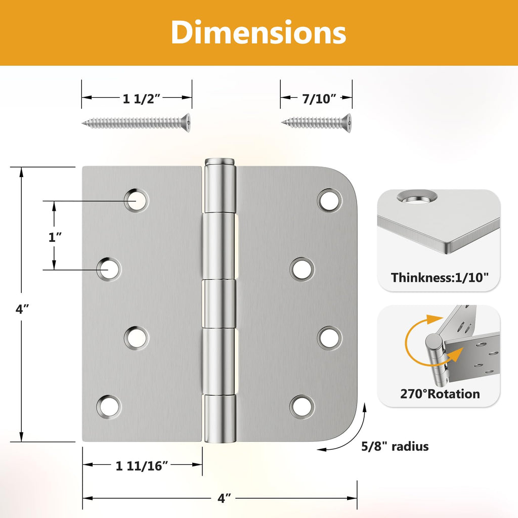 Luxbaro 6 Pack Brushed Nickel Door Hinges 4 Inch, Exterior Door Hinges with Square & 5/8" Radius, Removable Pin, Perfect for Heavy-Duty Front & Back Door, Antirust & No Squeaks