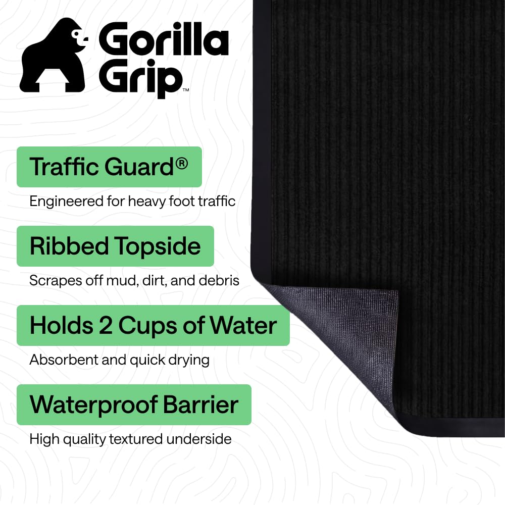 GORILLA GRIP Traffic Guard Indoor Outdoor Heavy Duty Door Mat, 29x17 Black