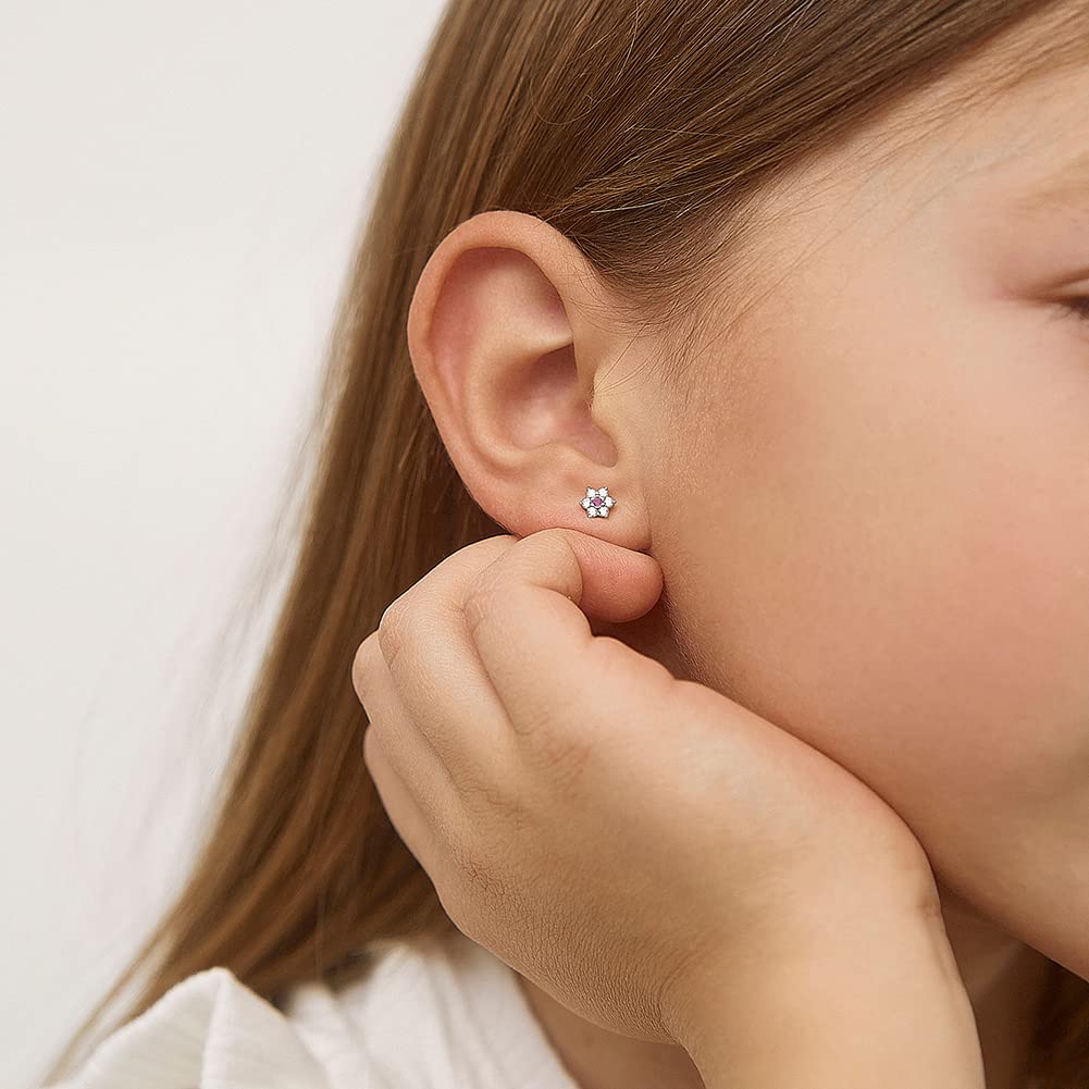 In Season Jewelry CZ Flower Kids Earrings - 925 Sterling Silver Hypoallergenic Earrings for Girls with Secure Screw Backs - Safe & Comfortable for Toddlers, Kids & Little Girls, Clear & Pink