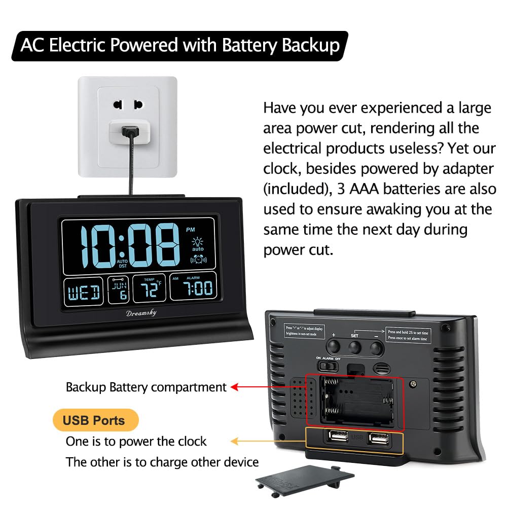 DreamSky Alarm Clocks for Bedrooms with Battery Backup, Auto Set Digital Clock with Date and Day of Week, Temperature, USB Port, Auto DST, Dimmer, 12/24H