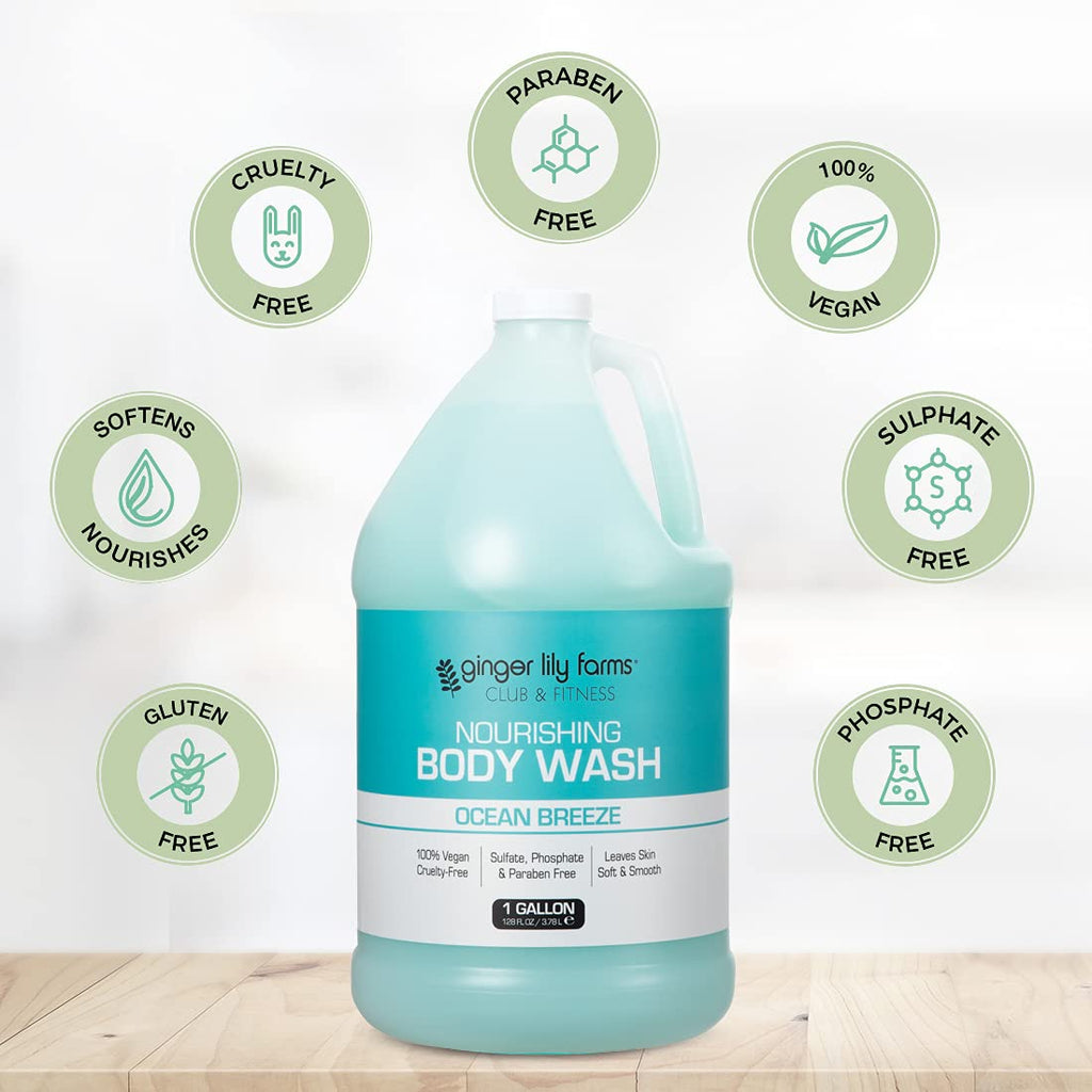 Ginger Lily Farms Club & Fitness Nourishing Body Wash, 100% Vegan & Cruelty-Free, Bath & Shower Gel for Men and Women, Ocean Breeze Scent, 1 Gallon (128 fl. oz.) Refill