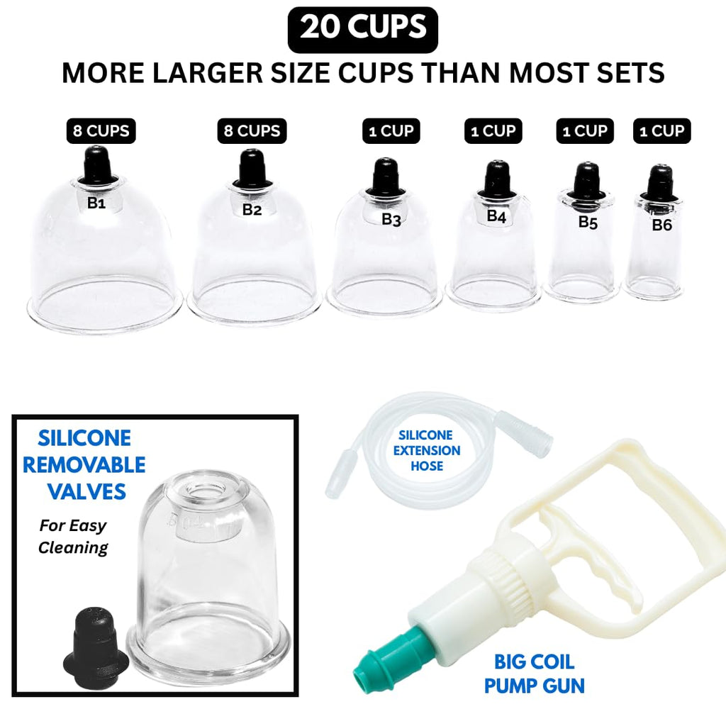 Cupping Warehouse TM Cupping Warehouse 20 Poly Professional Cupping Therapy Set – 20 Vacuum Cups with Pump Gun, Extension Tube for Massage Therapy, Myofascial Release, Pain Relief