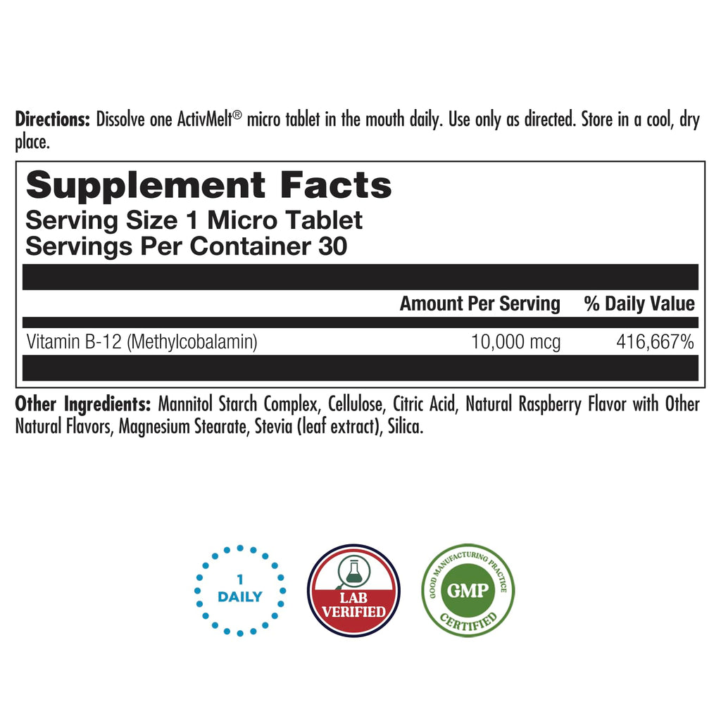 KAL Ultra B12 Methylcobalamin 10,000mcg, High Potency Vitamin B-12 for Healthy Energy, Metabolism, Nerve, Red Blood Cell Support,* Natural Raspberry Flavor, Vegetarian, 30 Micro Tablets, 30 Servings