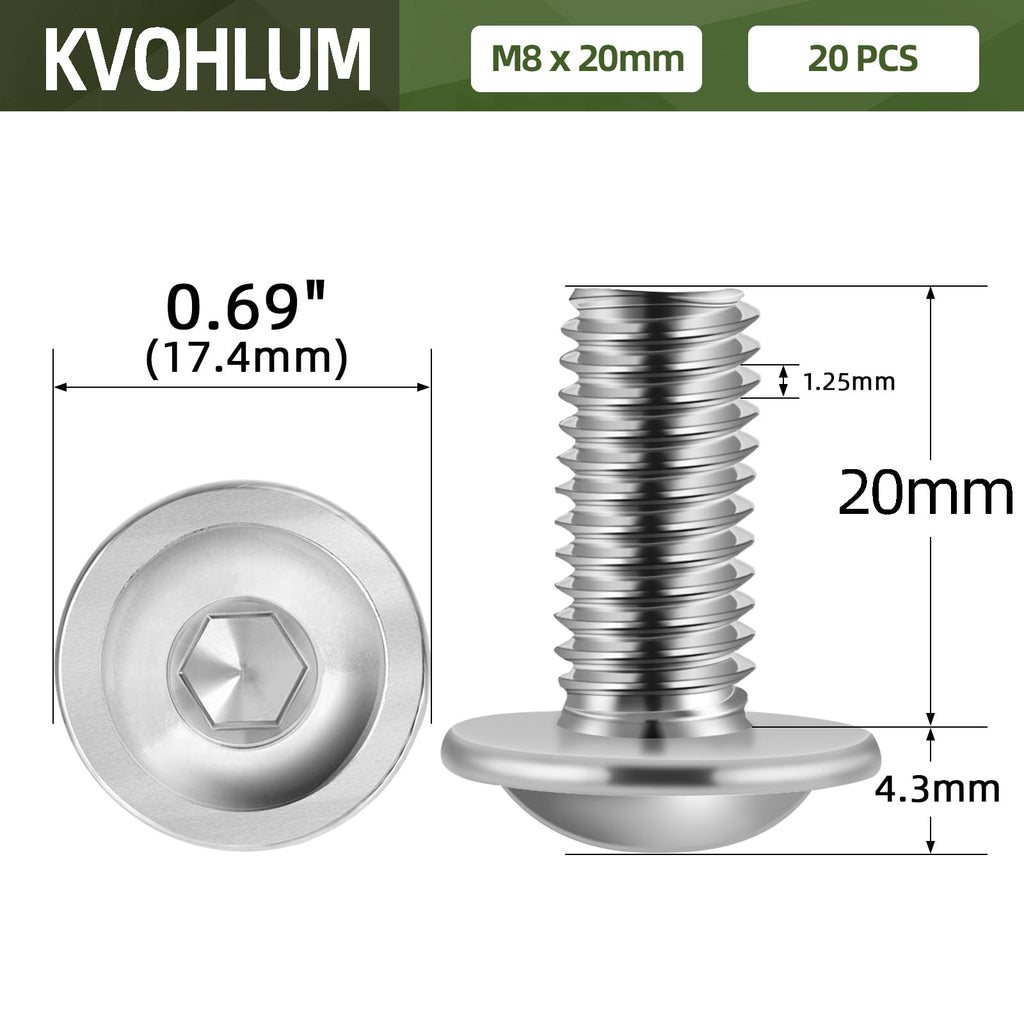 M8-1.25 x 20mm 20 PCS Flanged Button Head Socket Cap Bolts Screws, Stainless Steel 304, Allen Socket Drive, Screwdriver Bit Included, Bright Finish, Fully Machine Thread