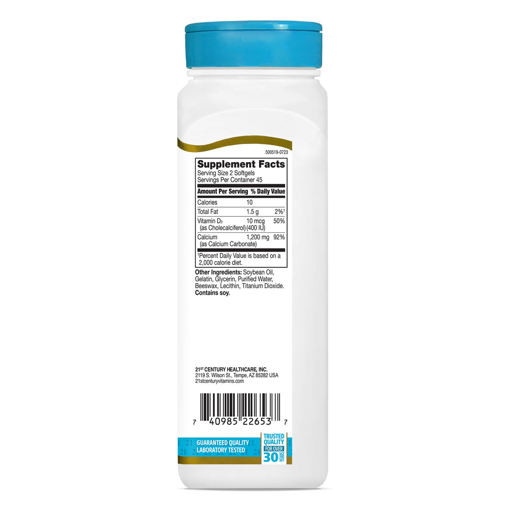 21st Century Calcium Plus D3 Liquid Filled Softgel, 1200 mg, 90 Count (Pack of 2)