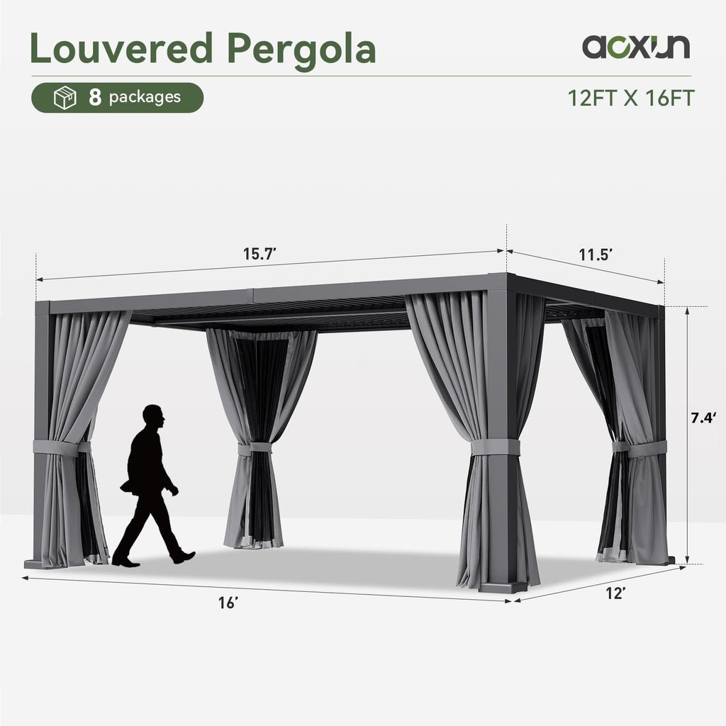 Aoxun Motorized Louvered Pergola 12'x16' with Fan, LED Lights & Power Strip