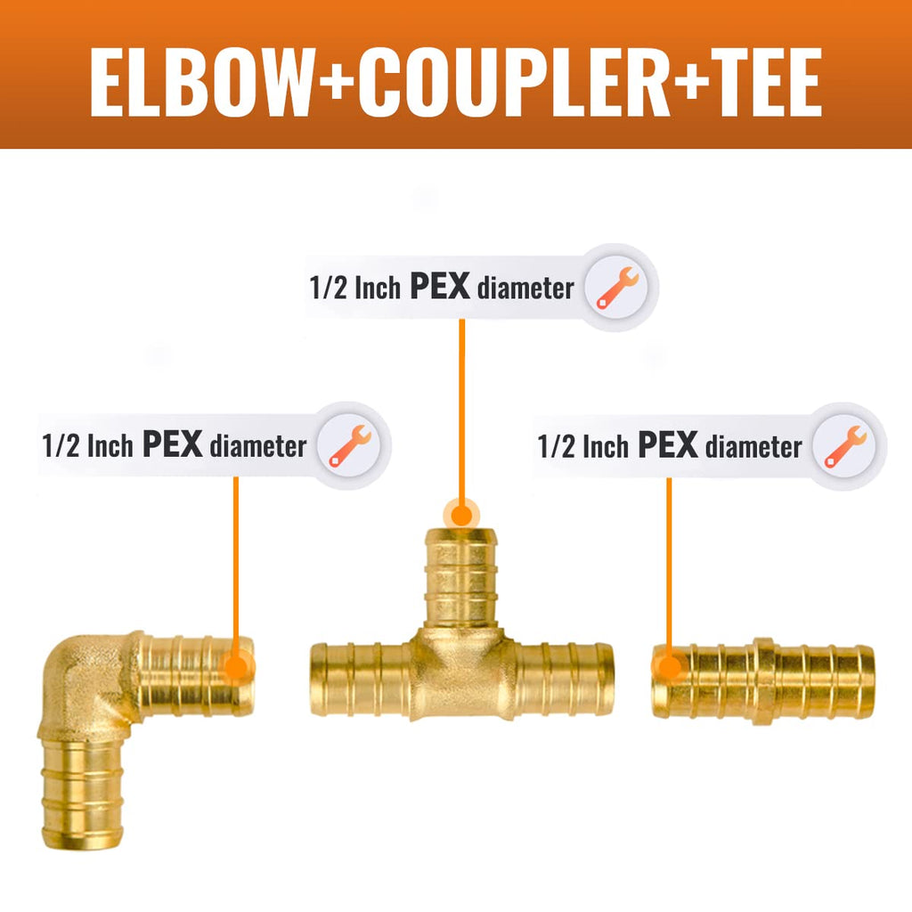 SUNGATOR 30-Pack 1/2 Inch PEX Fittings, 10 Each Elbow Tee Coupling, No Lead Brass, Pex Fitting 1/2 Inch Assortment, UPC, NSF Certified
