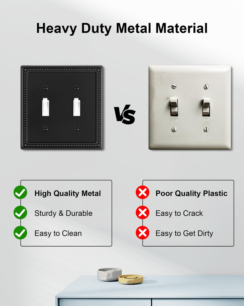 TREEWELL 2-Pack Double Toggle Light Switch Cover Plate, Black Pearls Decorative Dual Switch Plate Covers, 2 Gang Metal Wall Plate, Corrosion Resistant