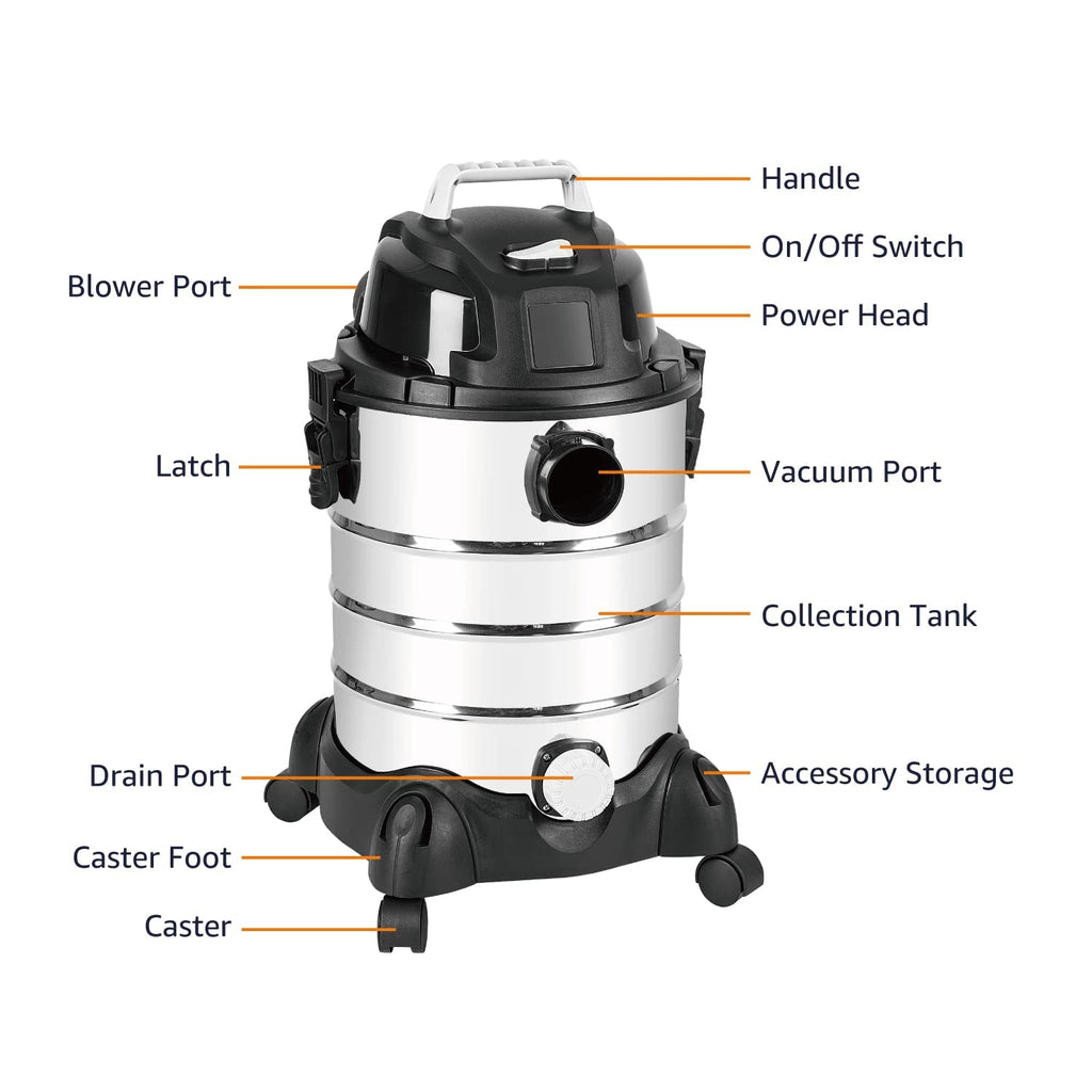 Amazon Basics Wet Dry Shop Vacuum Cleaner, 6 Gallon, 3.5 HP Stainless Steel, with Filter, Grey/Black